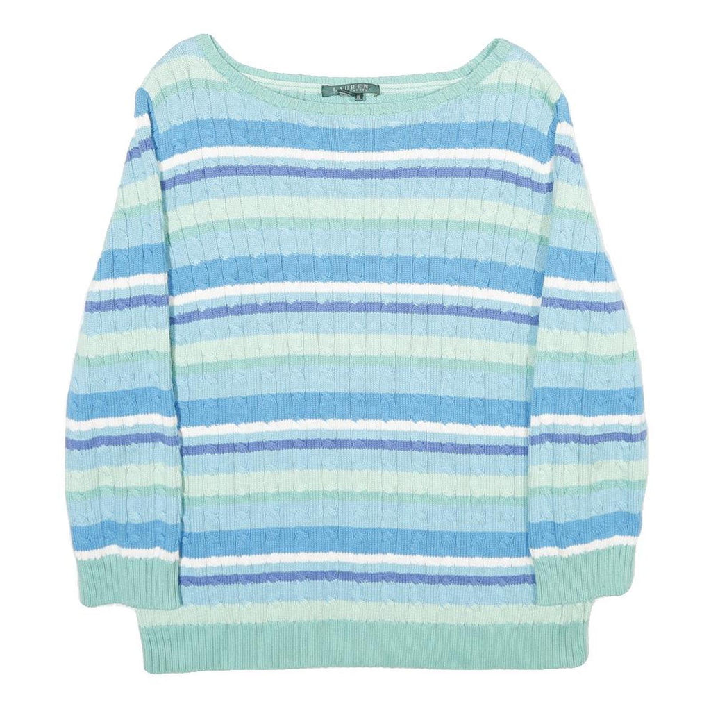 LAUREN RALPH LAUREN Womens Blue & Green Striped Pattern Cotton Cable Knit Jumper