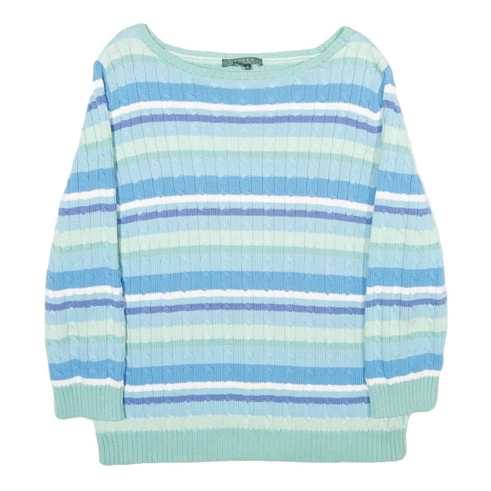 LAUREN RALPH LAUREN Womens Blue & Green Striped Pattern Cotton Cable Knit Jumper
