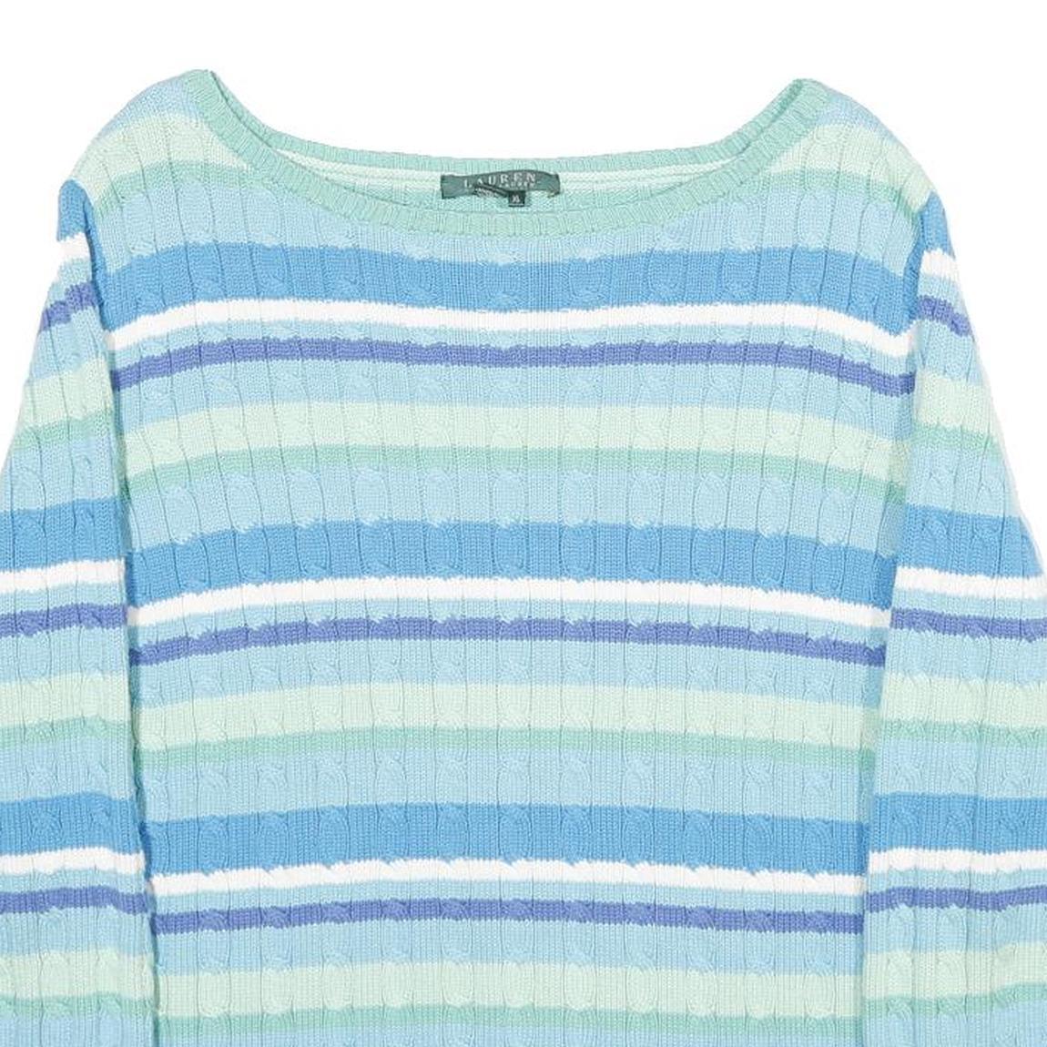 LAUREN RALPH LAUREN Womens Blue & Green Striped Pattern Cotton Cable Knit Jumper