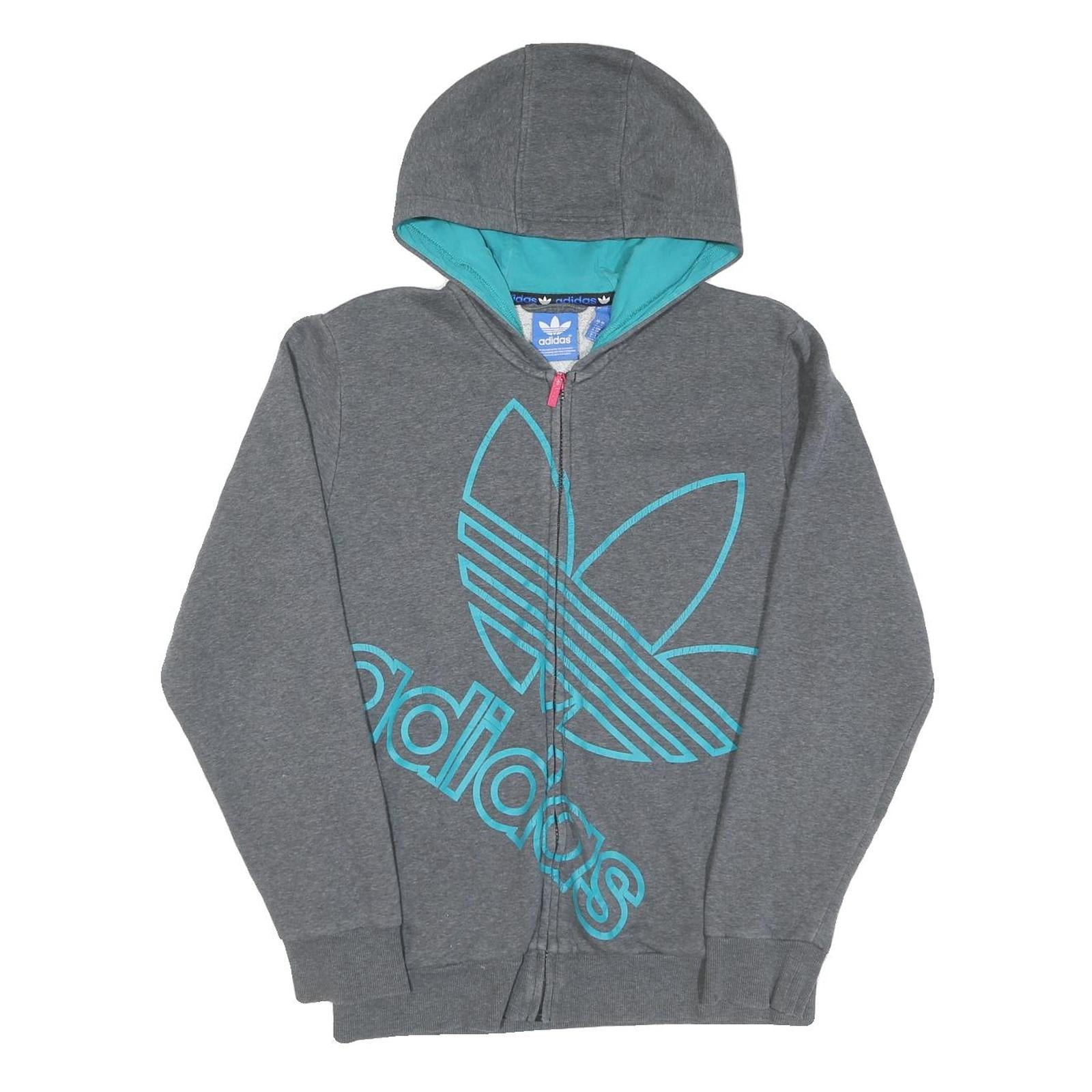 ADIDAS Womens Grey & Turquoise Zip Up Hoodie S Lightweight Cotton Casual