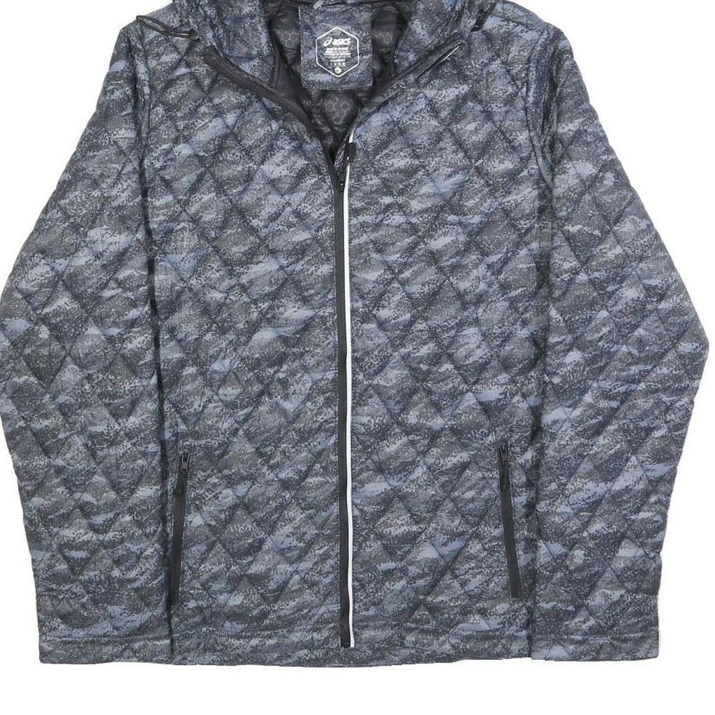 ASICS Mens Grey & Blue Quilted Hooded Jacket M Polyester Zip Casual Outdoor