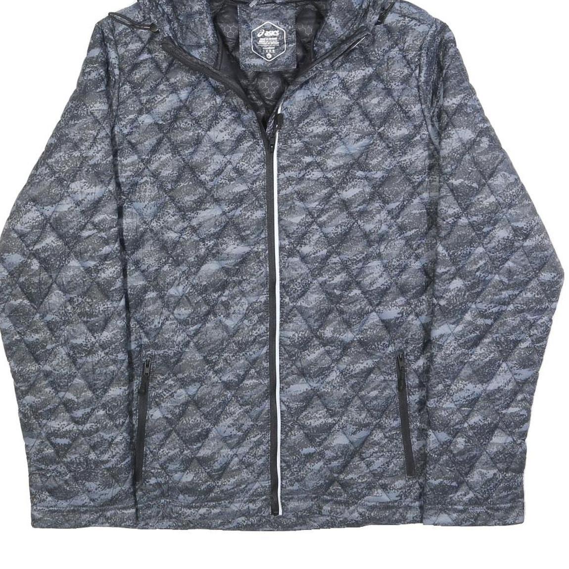 ASICS Mens Grey & Blue Quilted Hooded Jacket M Polyester Zip Casual Outdoor