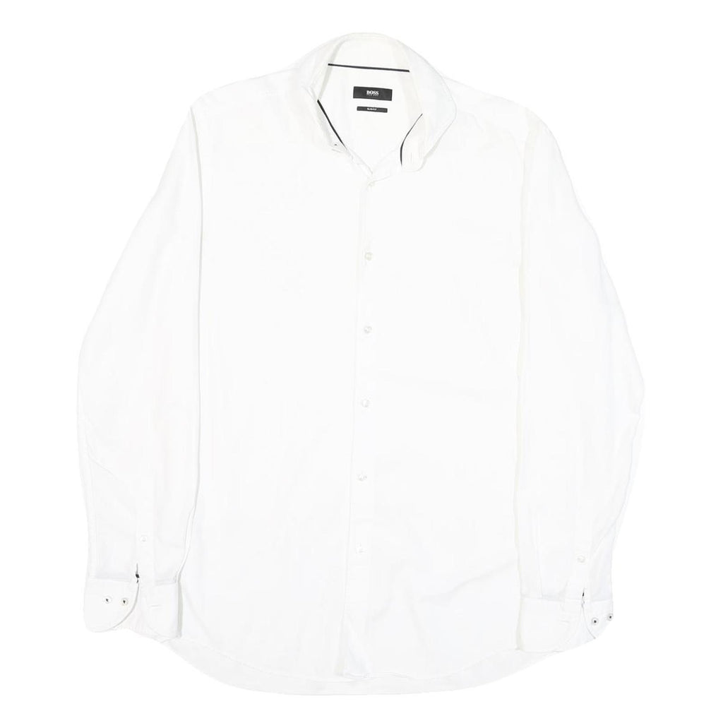 BOSS Mens White Plain Cotton Blend Shirt M Classic Formal Button Collar