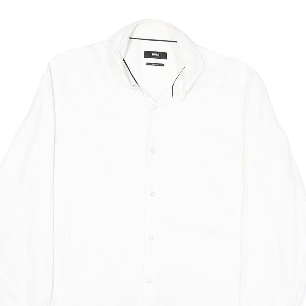 BOSS Mens White Plain Cotton Blend Shirt M Classic Formal Button Collar