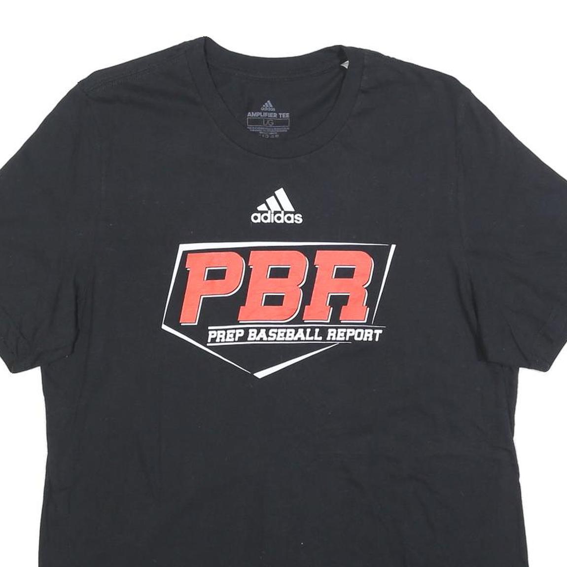 ADIDAS Mens Black & Red Prep Baseball Report Graphic T-Shirt L Short Sleeve Crew
