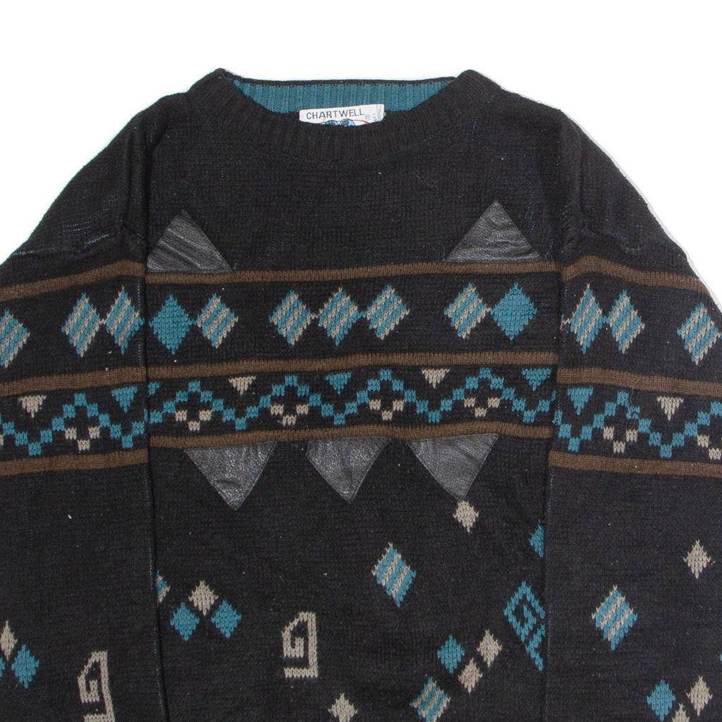 CHARTWELL Womens Patterned Jumper Black Crew Neck 90s Tight Knit L