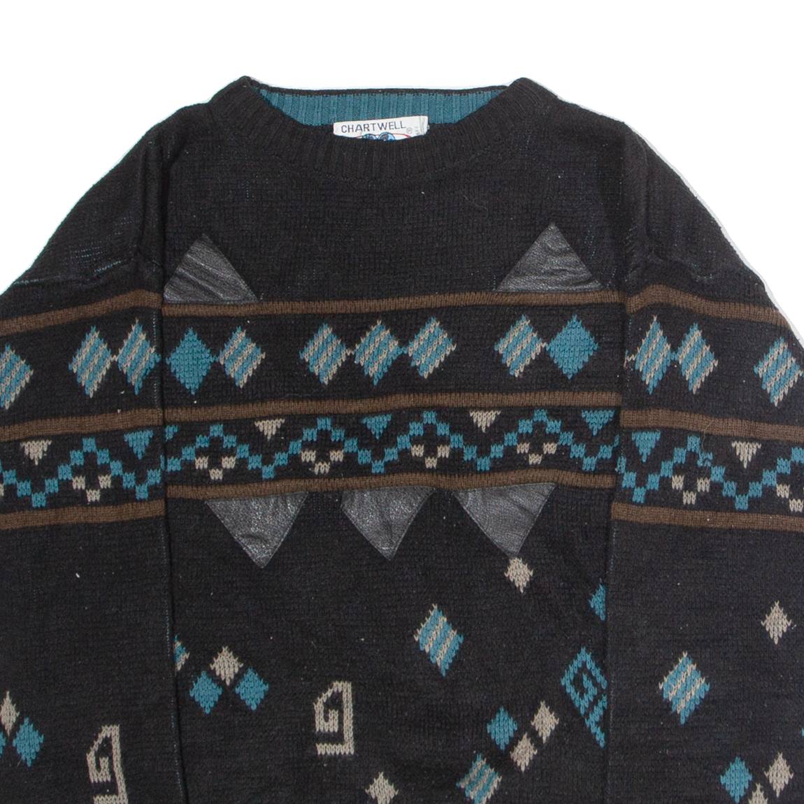 CHARTWELL Womens Patterned Jumper Black Crew Neck 90s Tight Knit L