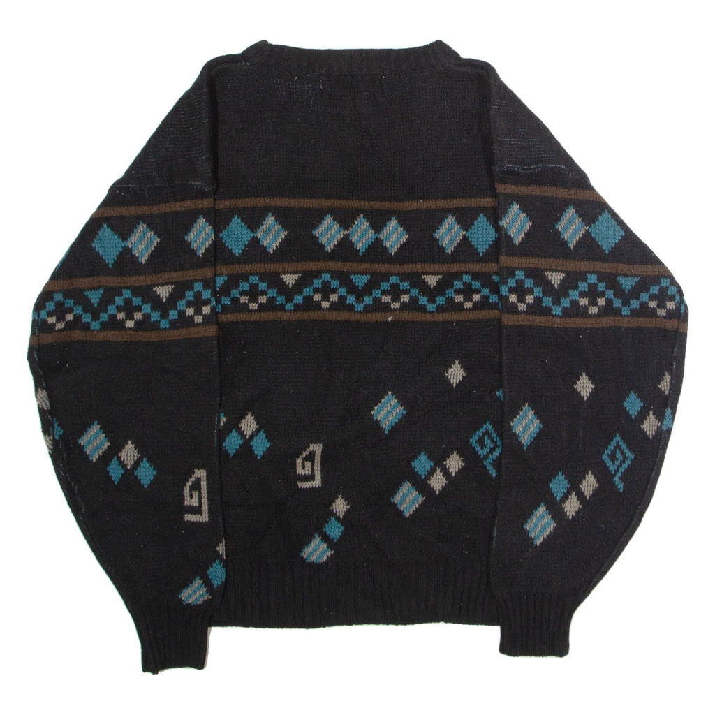 CHARTWELL Womens Patterned Jumper Black Crew Neck 90s Tight Knit L