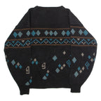 CHARTWELL Womens Patterned Jumper Black Crew Neck 90s Tight Knit L