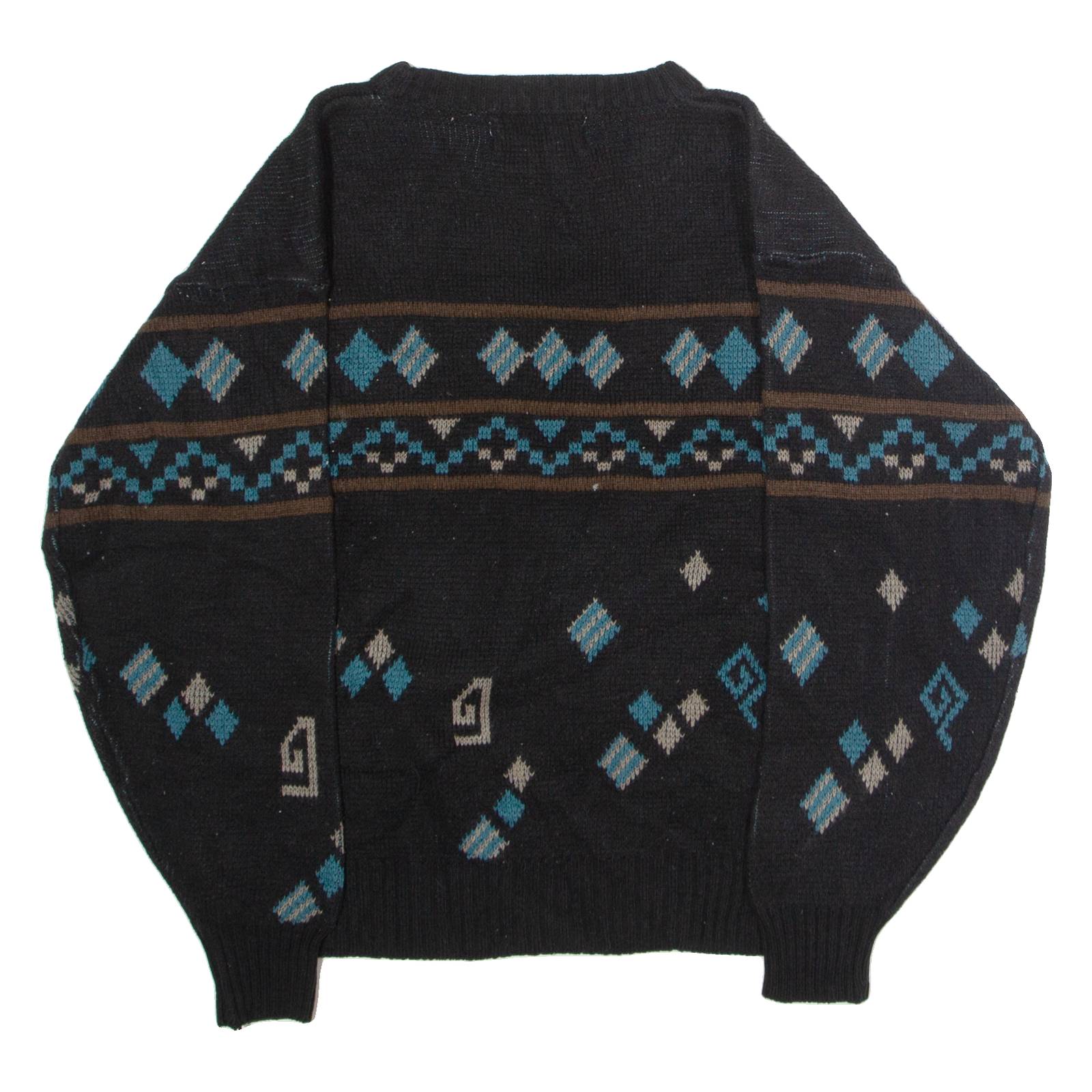 CHARTWELL Womens Patterned Jumper Black Crew Neck 90s Tight Knit L