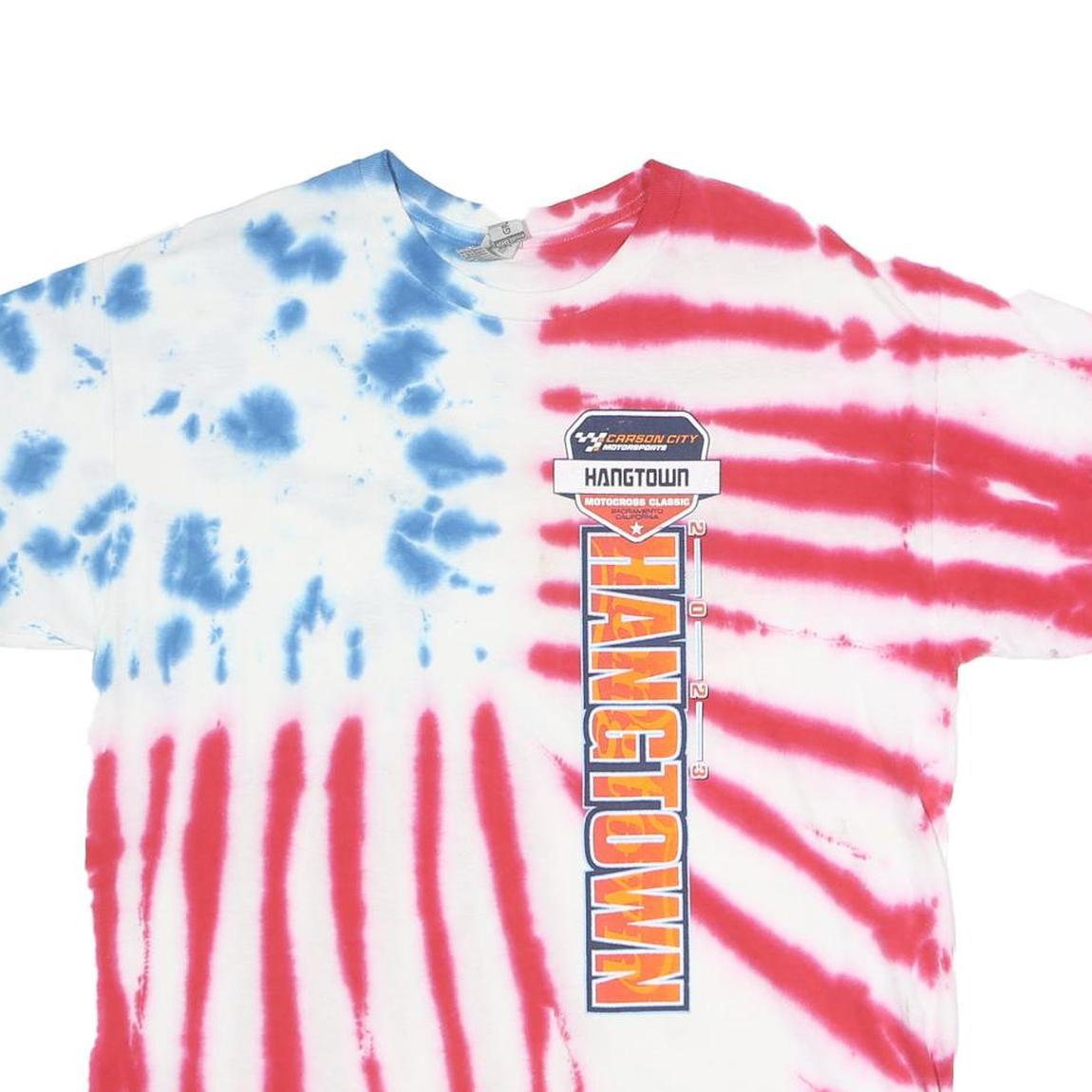 GILDAN Mens Red & Blue Hangtown Graphic T-Shirt L Short Sleeve Crew Neck