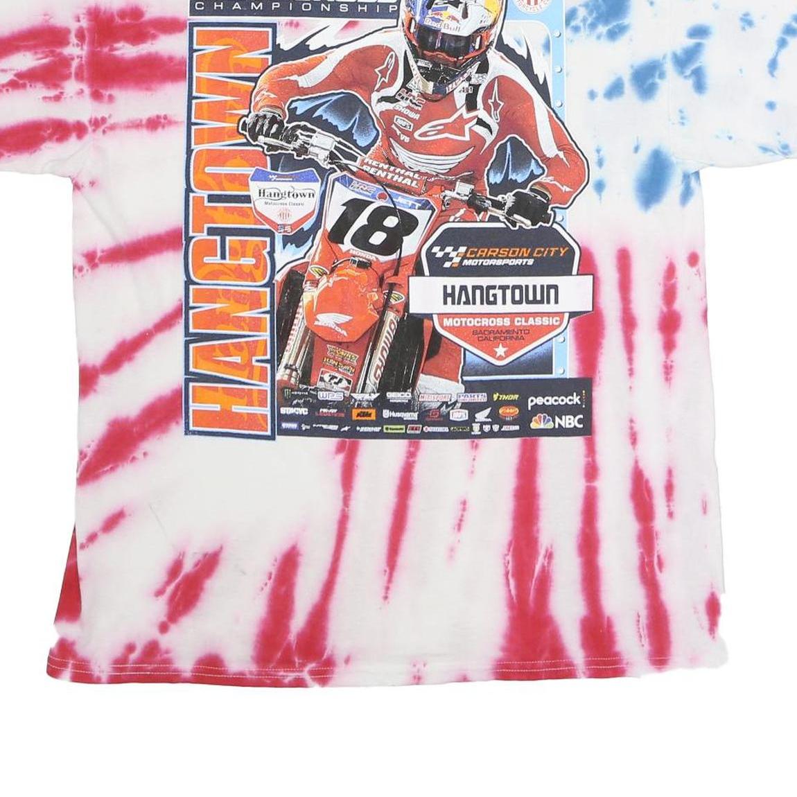 GILDAN Mens Red & Blue Hangtown Graphic T-Shirt L Short Sleeve Crew Neck