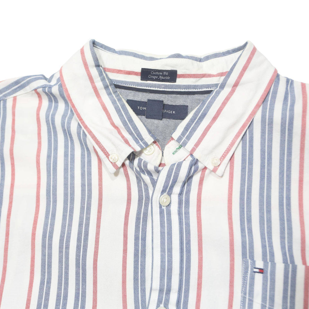 TOMMY HILFIGER Mens White Blue & Red Striped Shirt XL Classic Fit Cotton