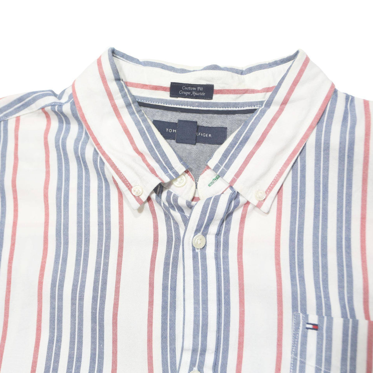 TOMMY HILFIGER Mens White Blue & Red Striped Shirt XL Classic Fit Cotton