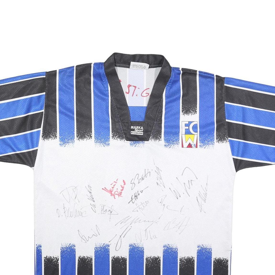 MARKA SPORT Mens Blue & Black & White Signed Graphic T-Shirt L Short Sleeve