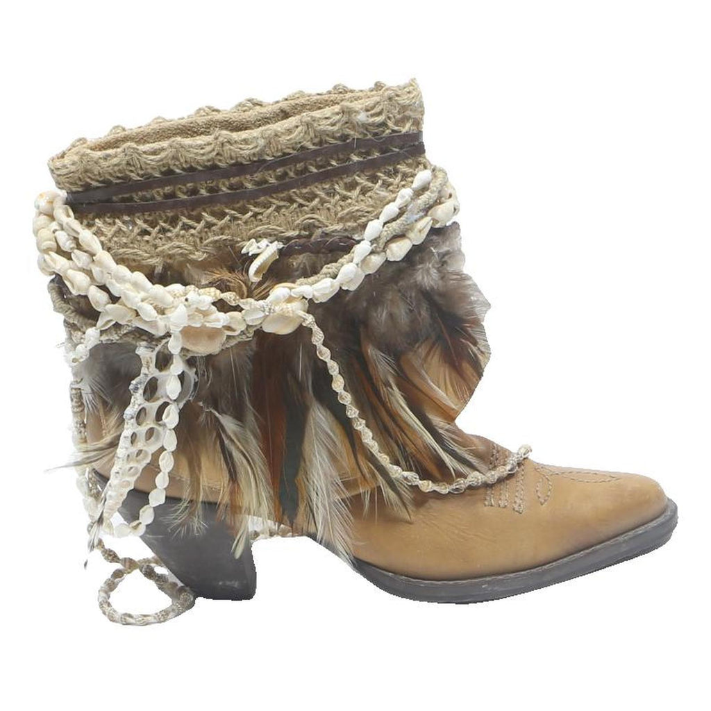 Womens Tan Leather Ankle Boots Decorative Shells Feathers UK 6 Boho Style
