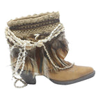 Womens Tan Leather Ankle Boots Decorative Shells Feathers UK 6 Boho Style