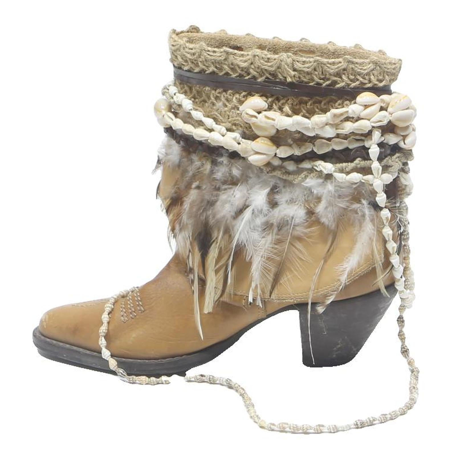 Womens Tan Leather Ankle Boots Decorative Shells Feathers UK 6 Boho Style