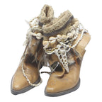 Womens Tan Leather Ankle Boots Decorative Shells Feathers UK 6 Boho Style
