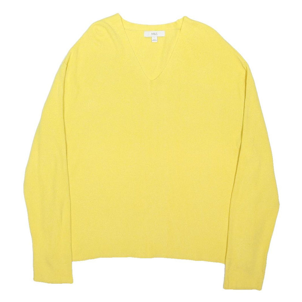 M&S Womens Yellow Plain Cotton Blend Patterned V-Neck Basic Knit Jumper L