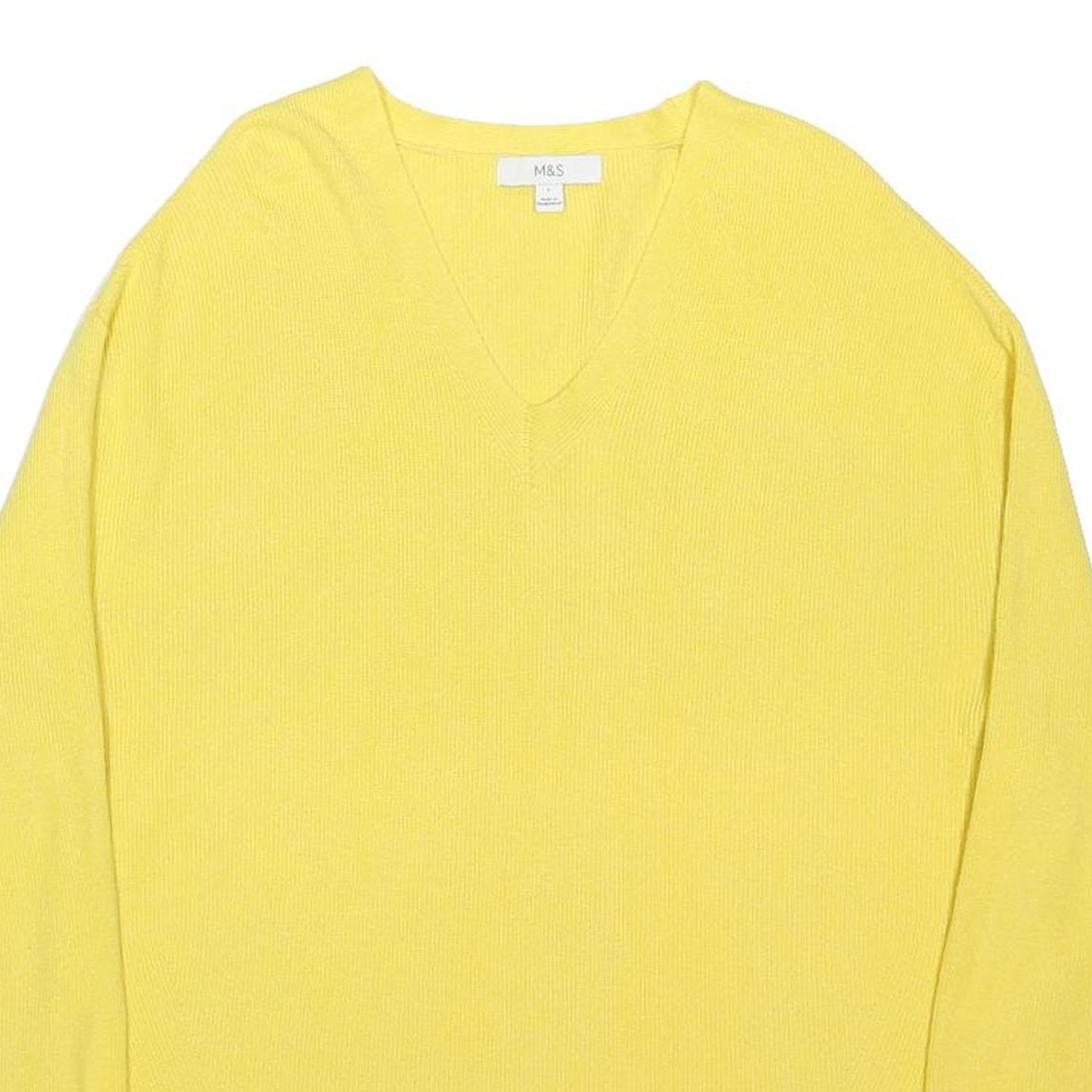 M&S Womens Yellow Plain Cotton Blend Patterned V-Neck Basic Knit Jumper L