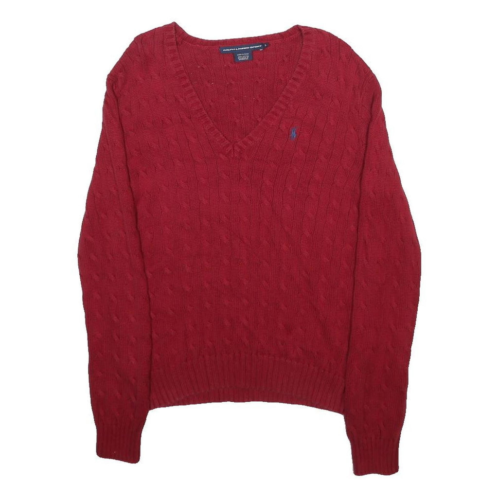 RALPH LAUREN SPORT Womens Red Cable Knit V-Neck Jumper XL Classic Cotton Sweater