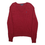 RALPH LAUREN SPORT Womens Red Cable Knit V-Neck Jumper XL Classic Cotton Sweater