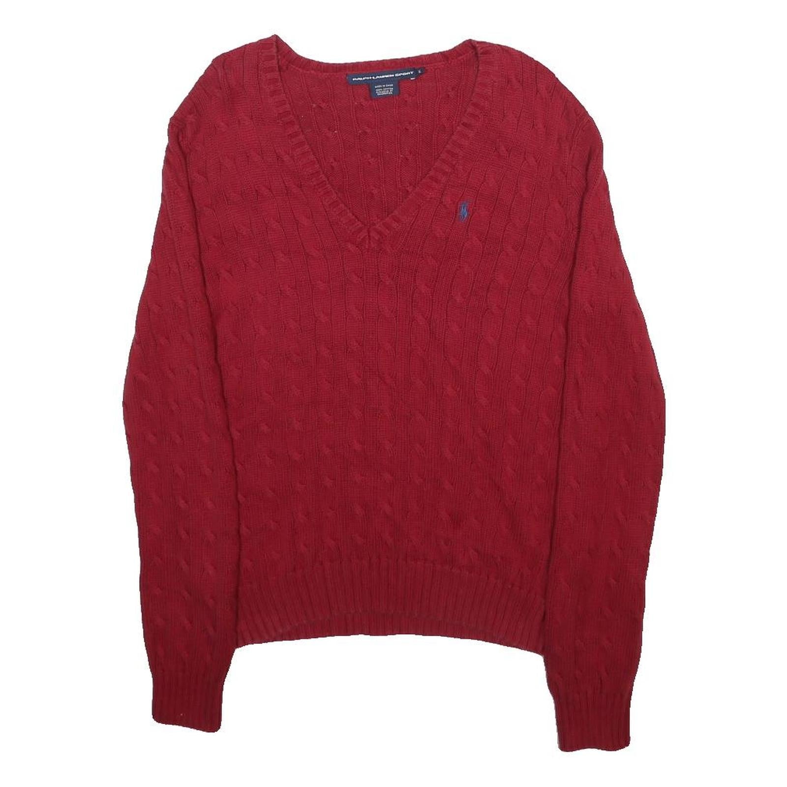 RALPH LAUREN SPORT Womens Red Cable Knit V-Neck Jumper XL Classic Cotton Sweater