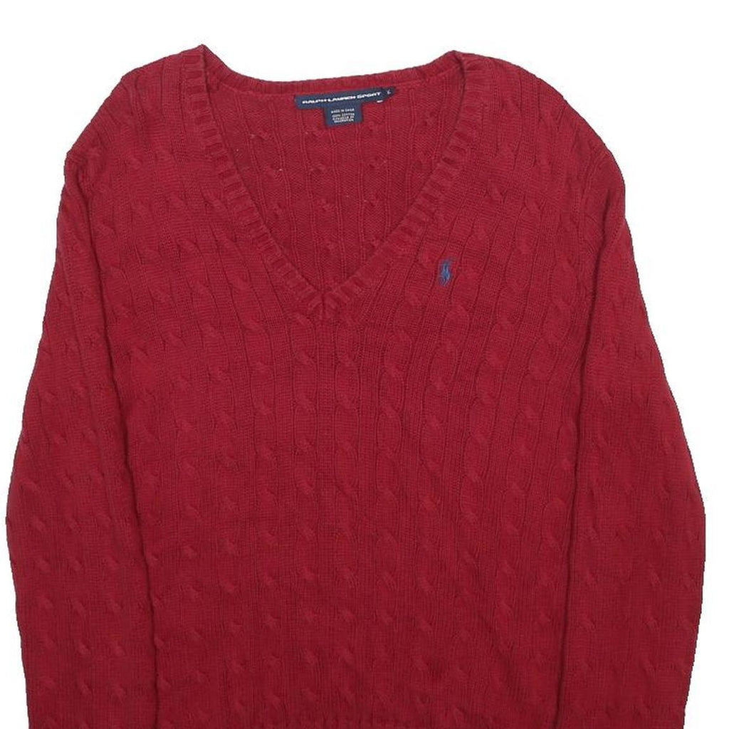 RALPH LAUREN SPORT Womens Red Cable Knit V-Neck Jumper XL Classic Cotton Sweater