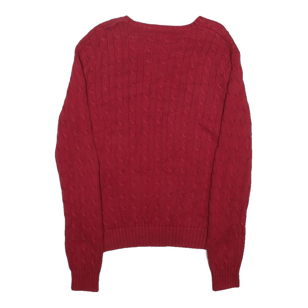 RALPH LAUREN SPORT Womens Red Cable Knit V-Neck Jumper XL Classic Cotton Sweater
