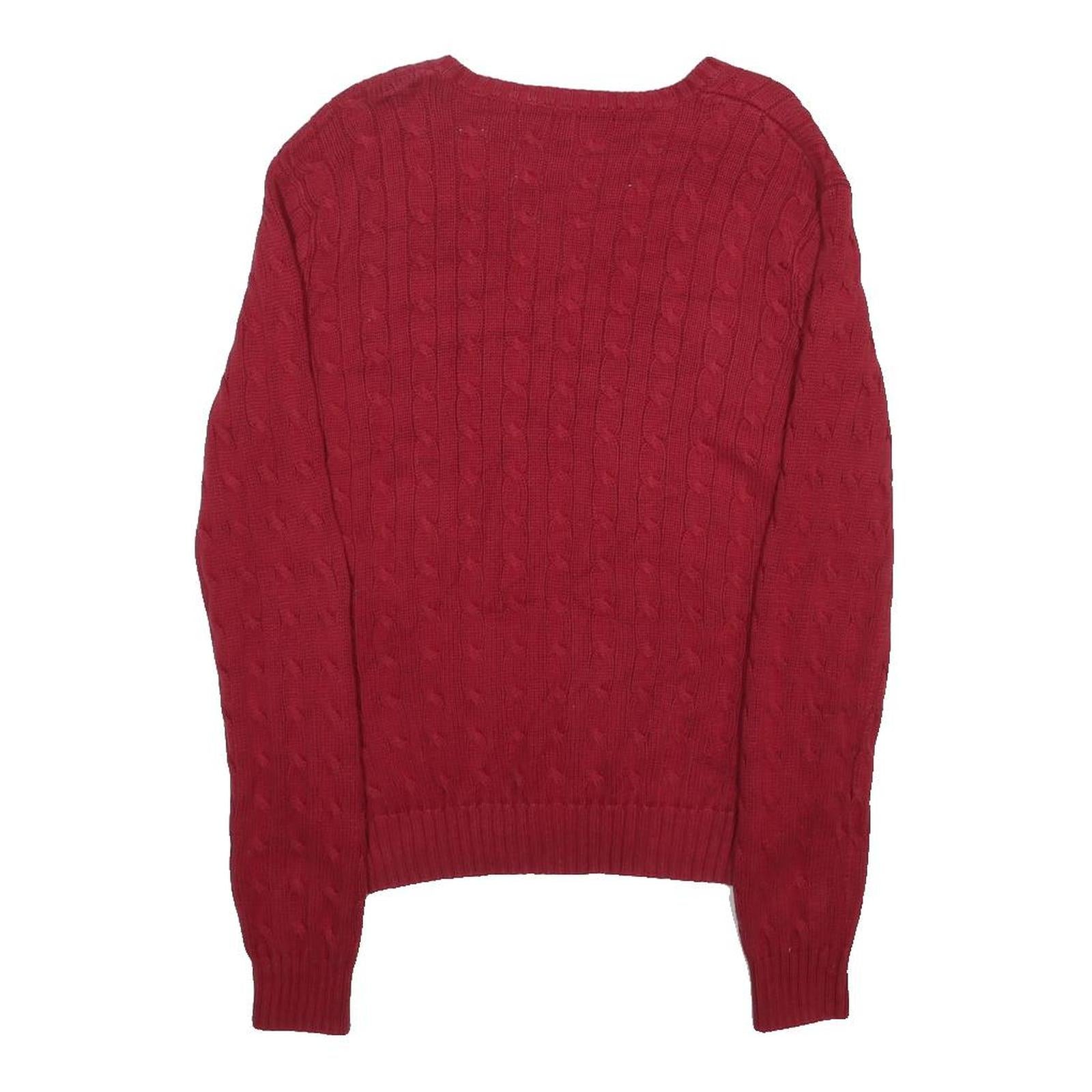 RALPH LAUREN SPORT Womens Red Cable Knit V-Neck Jumper XL Classic Cotton Sweater
