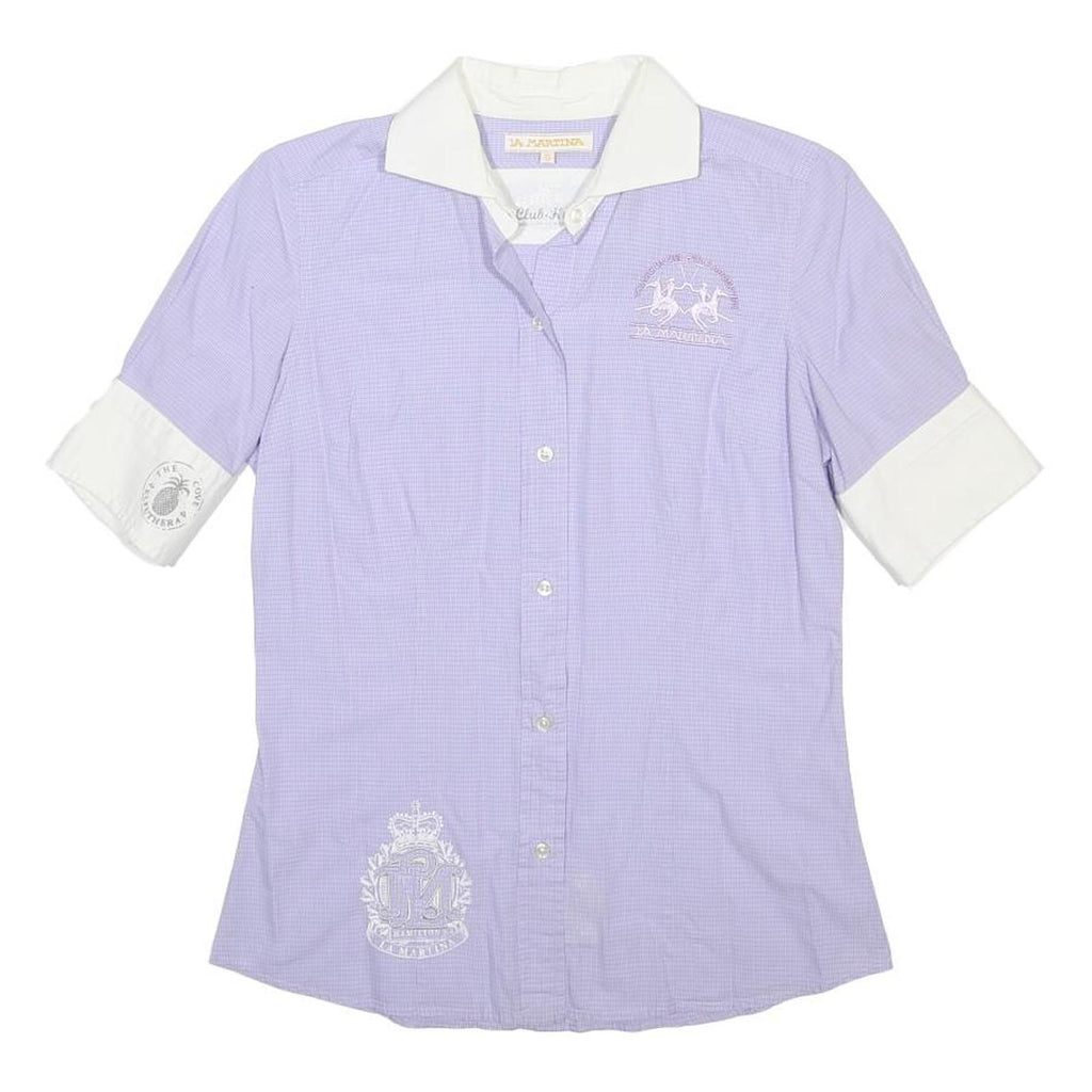 LA MARTINA Womens Purple & White Cotton Shirt S Embroidered Polo Style