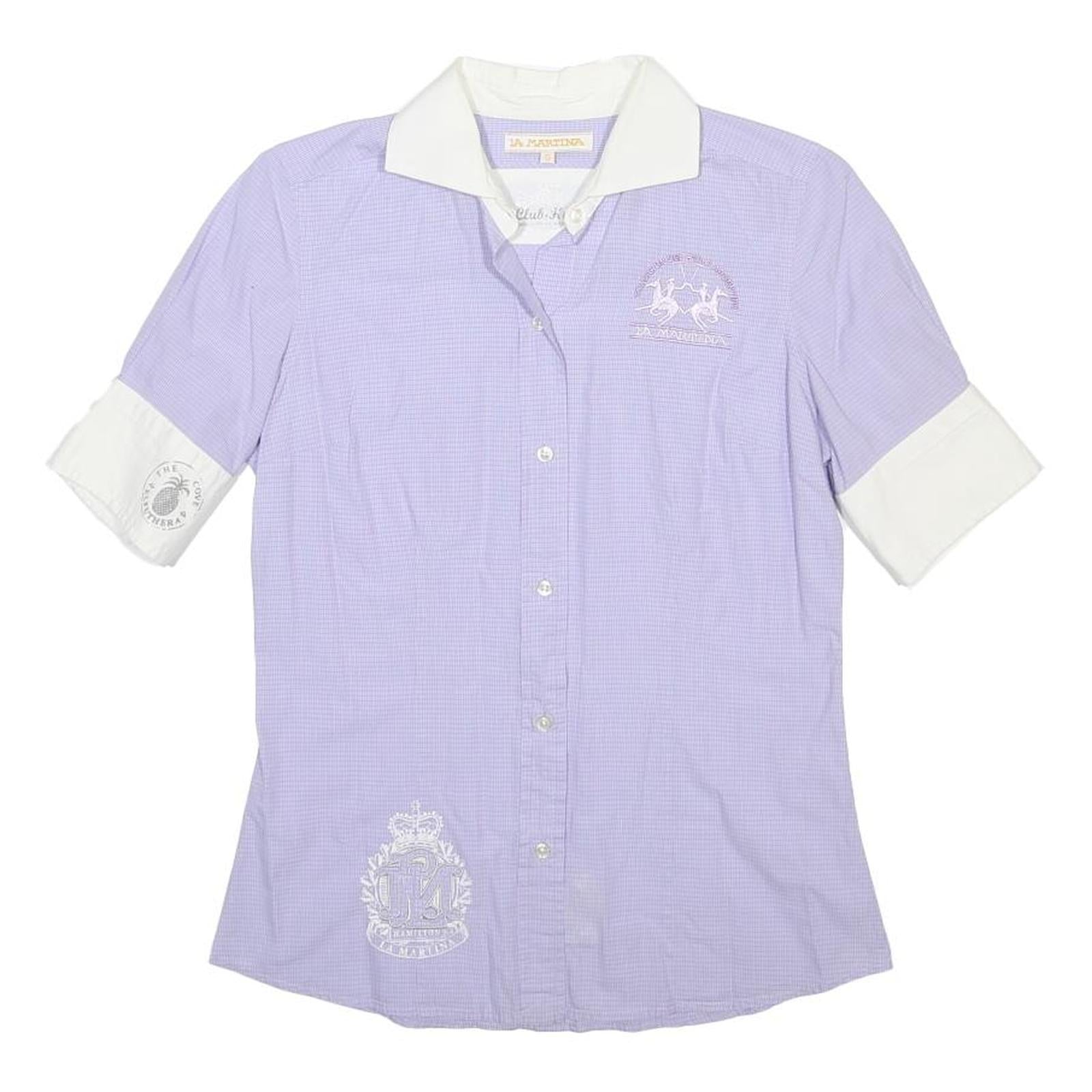 LA MARTINA Womens Purple & White Cotton Shirt S Embroidered Polo Style
