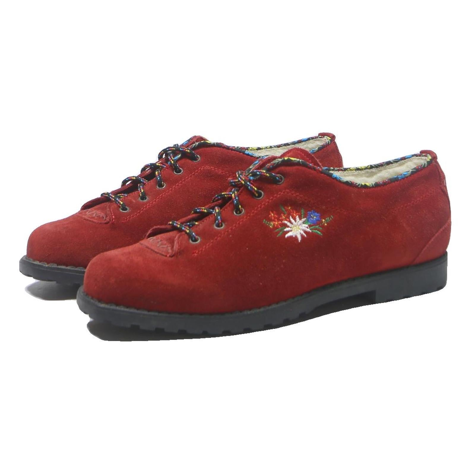 SWISS ALP Womens Leather Lace-Up Shoes Red Embroidered UK 6 Comfortable