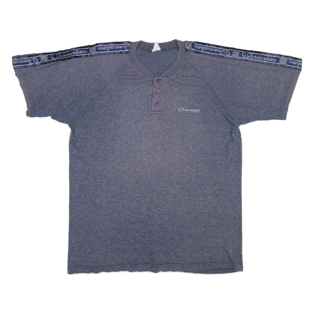 CHAMPION Mens T-Shirt Blue Button Neck L