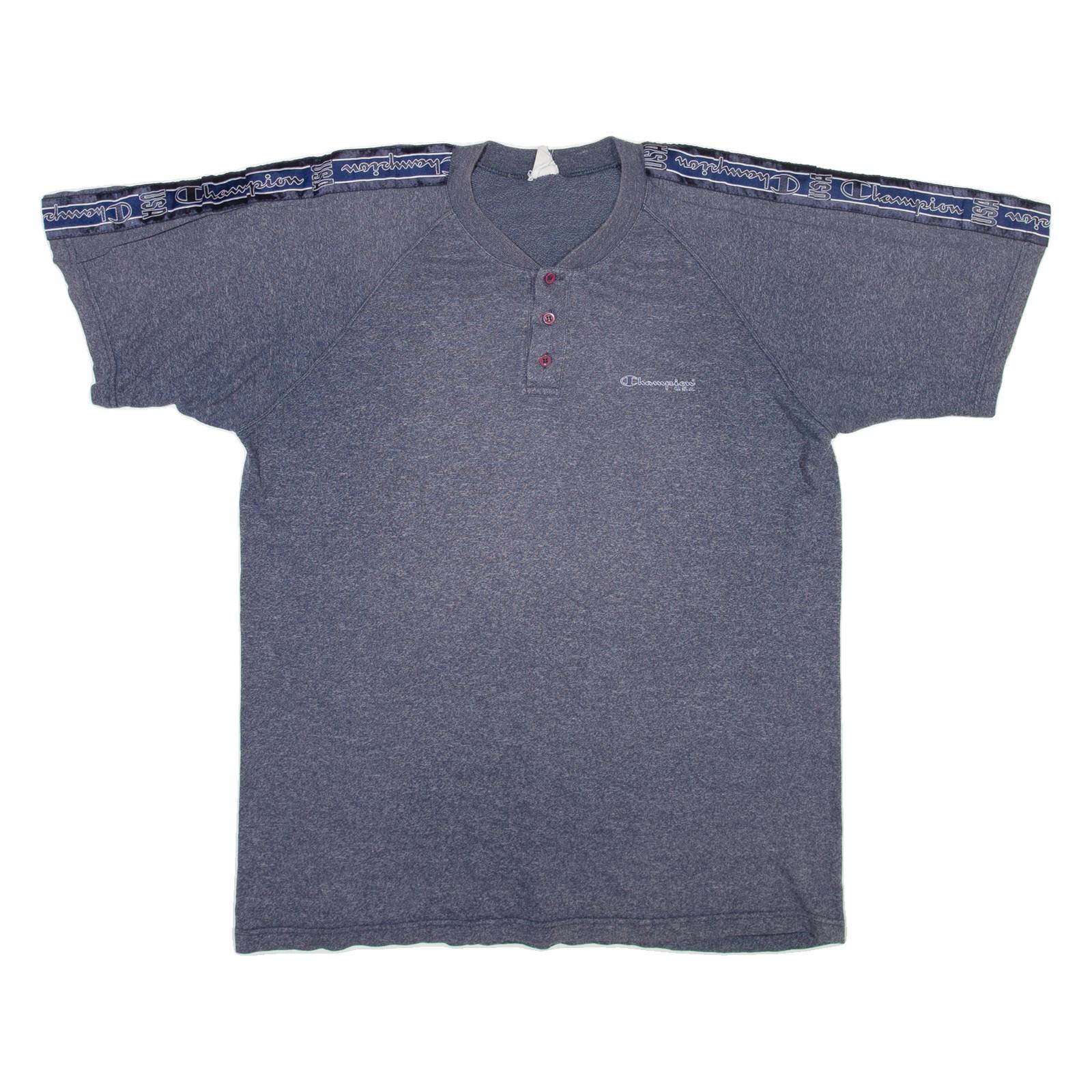 CHAMPION Mens T-Shirt Blue Button Neck L