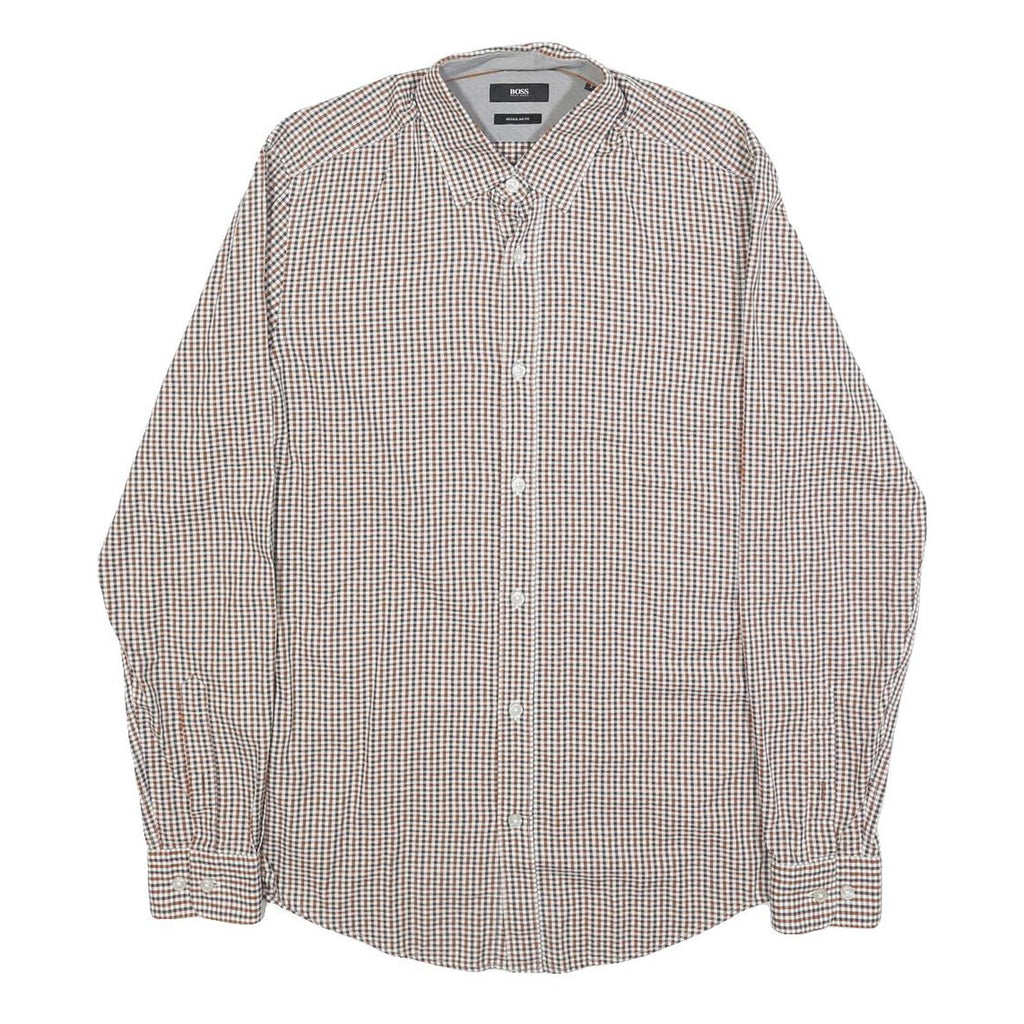 BOSS HUGO BOSS Mens Brown & Blue Check Shirt S Cotton Formal Button Collar