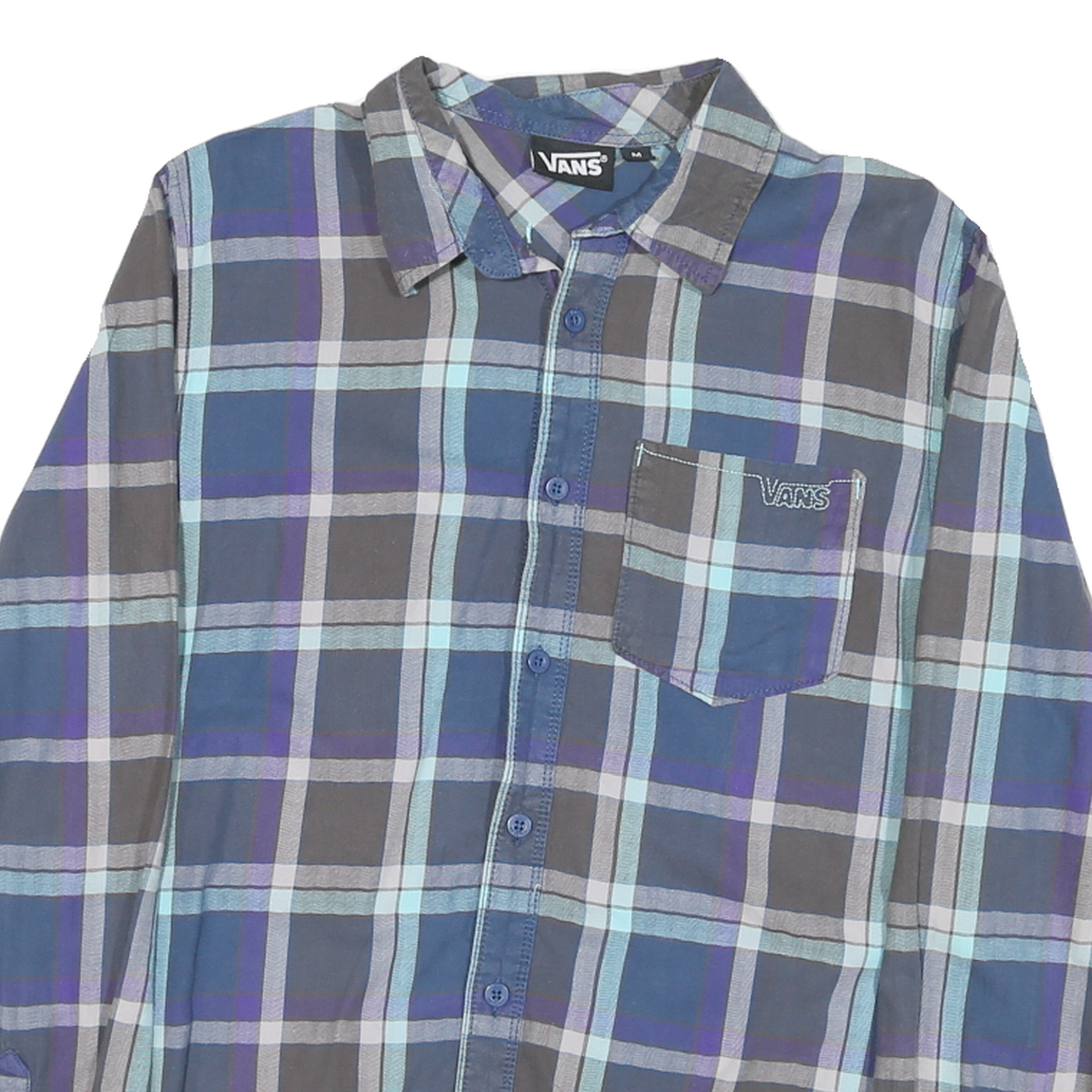 VANS Mens Blue Grey Plaid Shirt M Cotton Blend Long Sleeve Button Closure