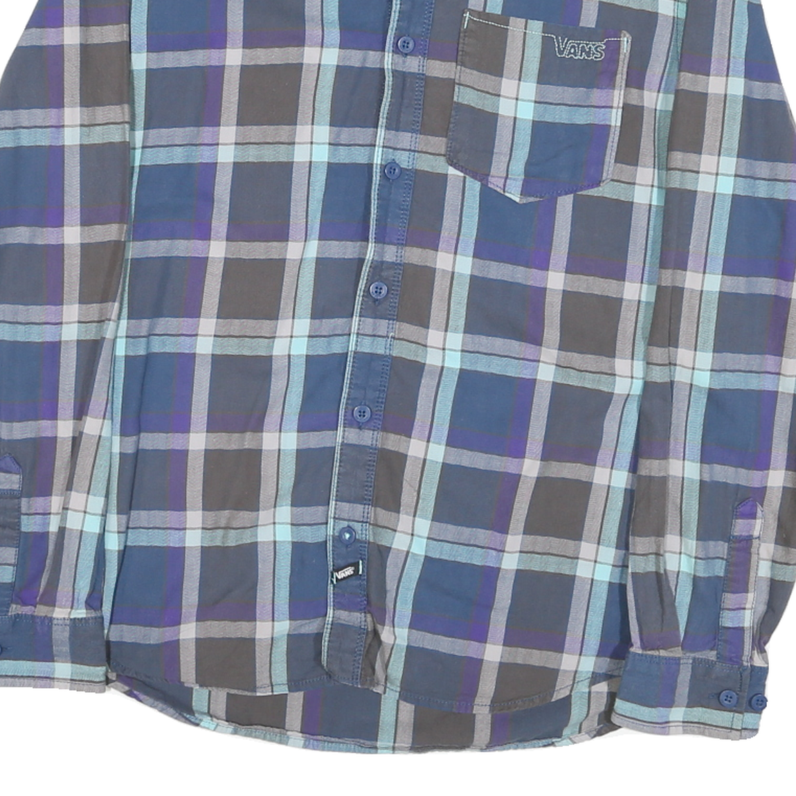 VANS Mens Blue Grey Plaid Shirt M Cotton Blend Long Sleeve Button Closure
