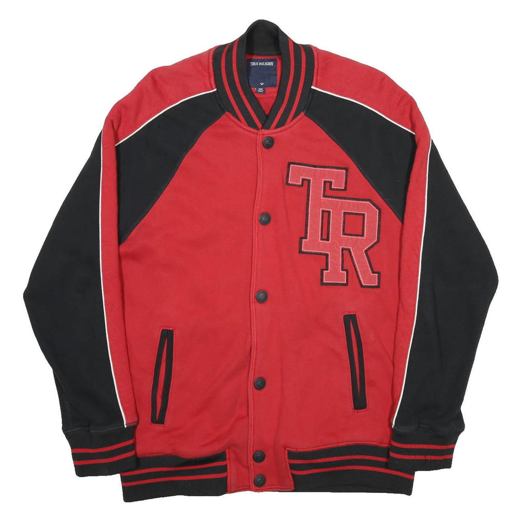 TRUE RELIGION Mens Red & Black Varsity Jacket M Cotton Button Bomber Style