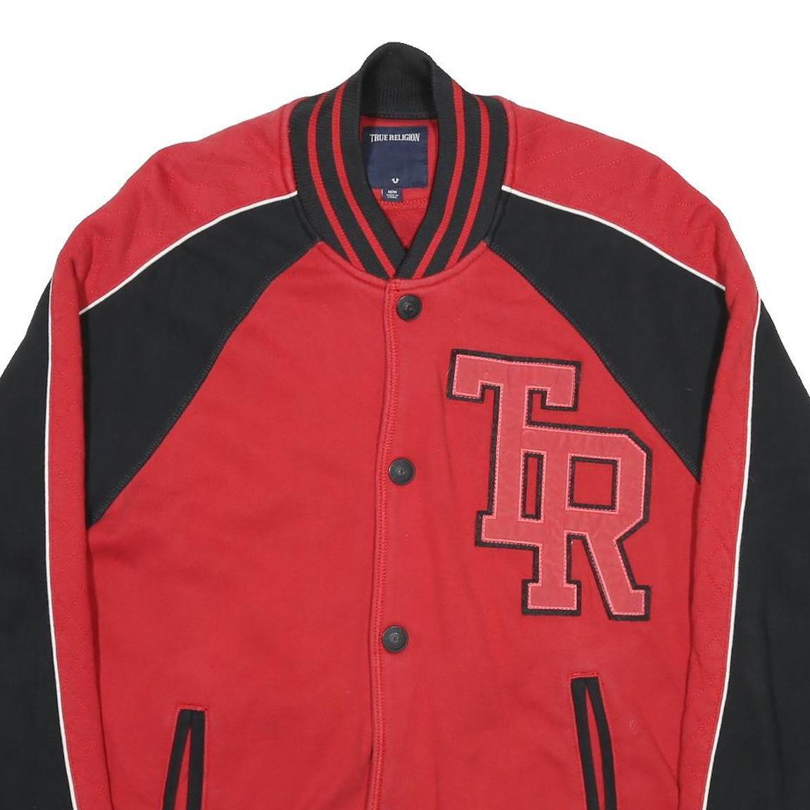 TRUE RELIGION Mens Red & Black Varsity Jacket M Cotton Button Bomber Style