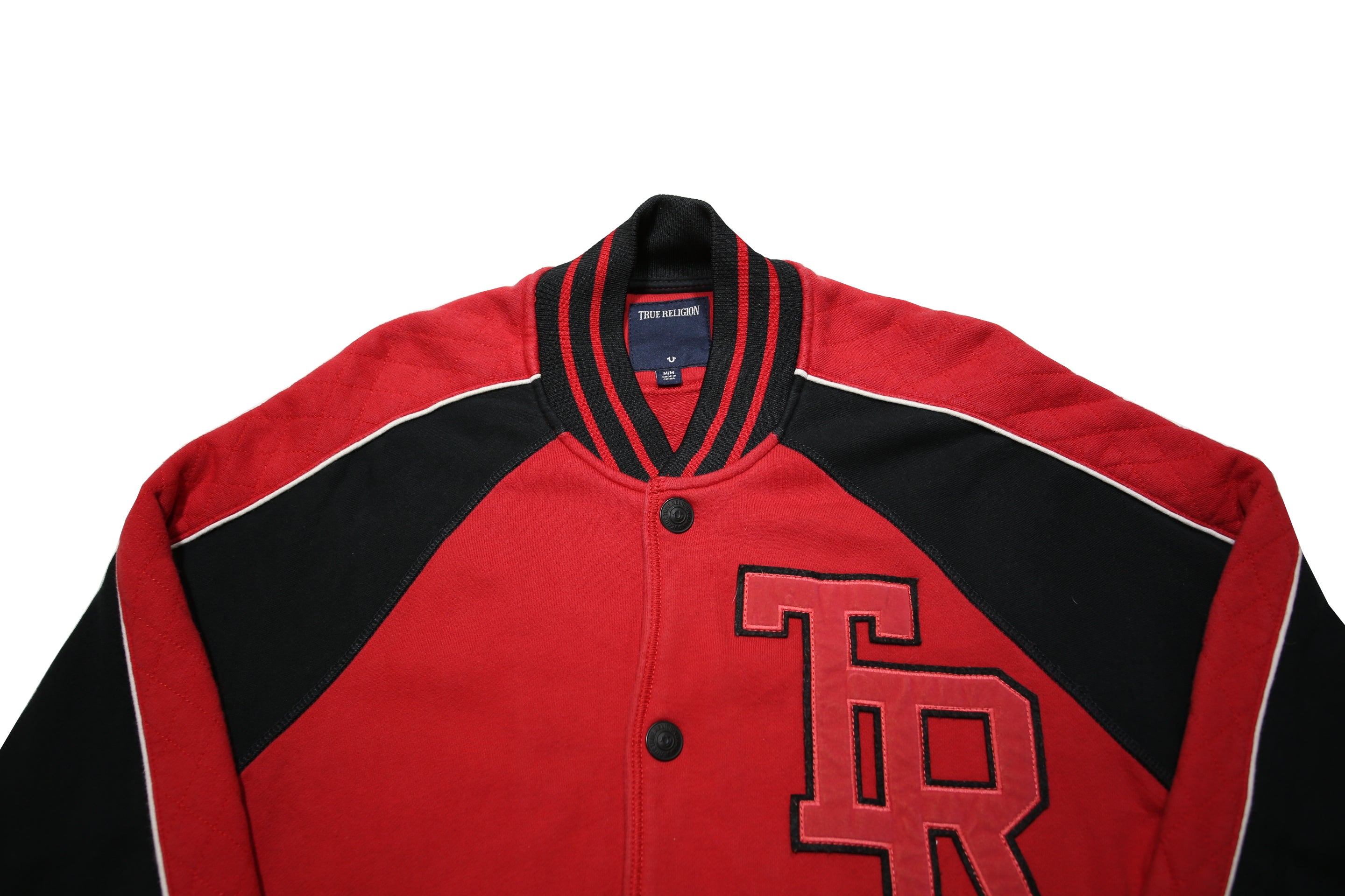 TRUE RELIGION Mens Red & Black Varsity Jacket M Cotton Button Bomber Style