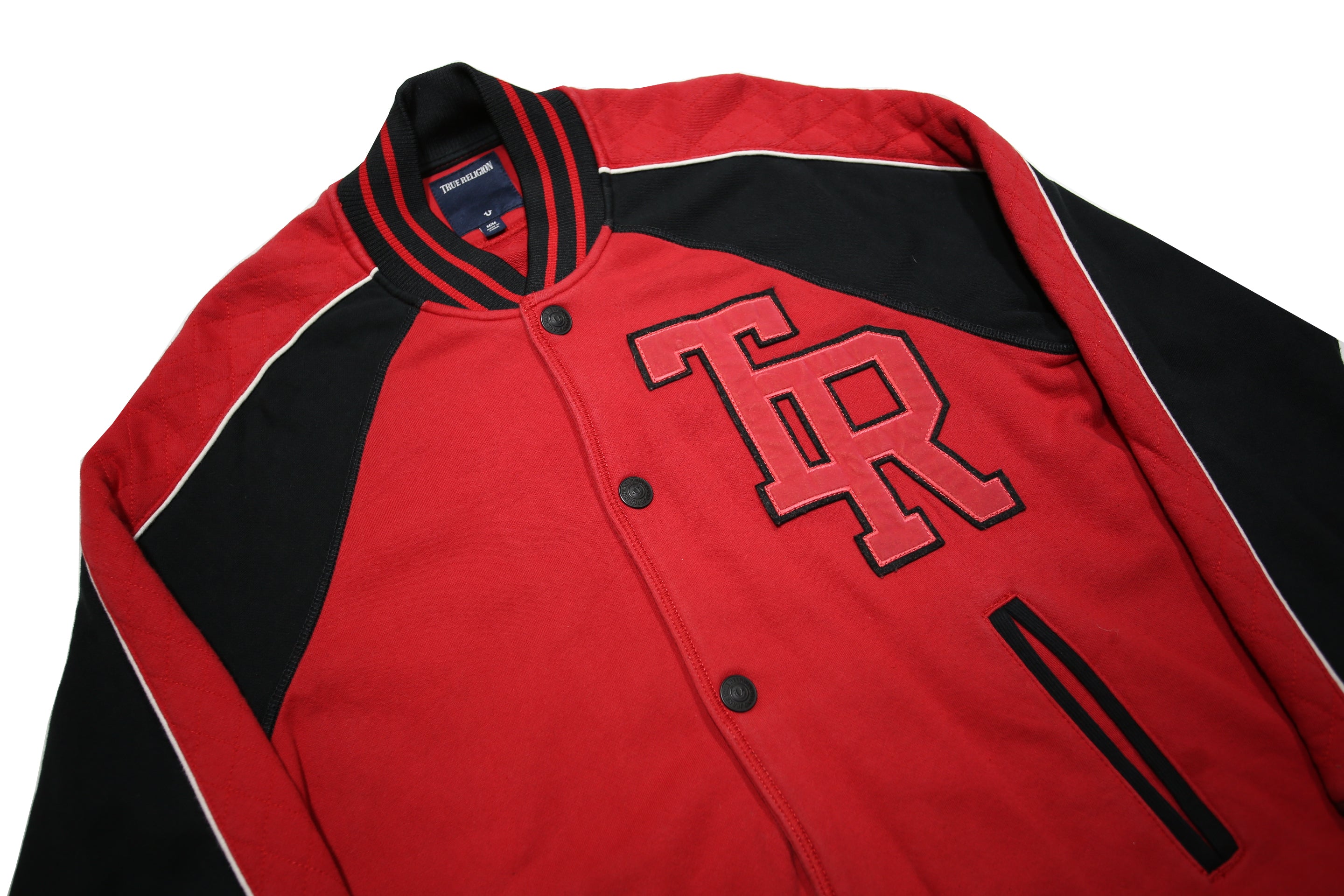 TRUE RELIGION Mens Red & Black Varsity Jacket M Cotton Button Bomber Style