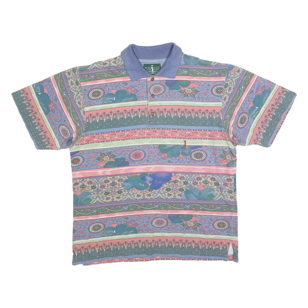 BELFE Mens Blue & Green Floral Short Sleeve Polo Shirt M Cotton Blend Jersey