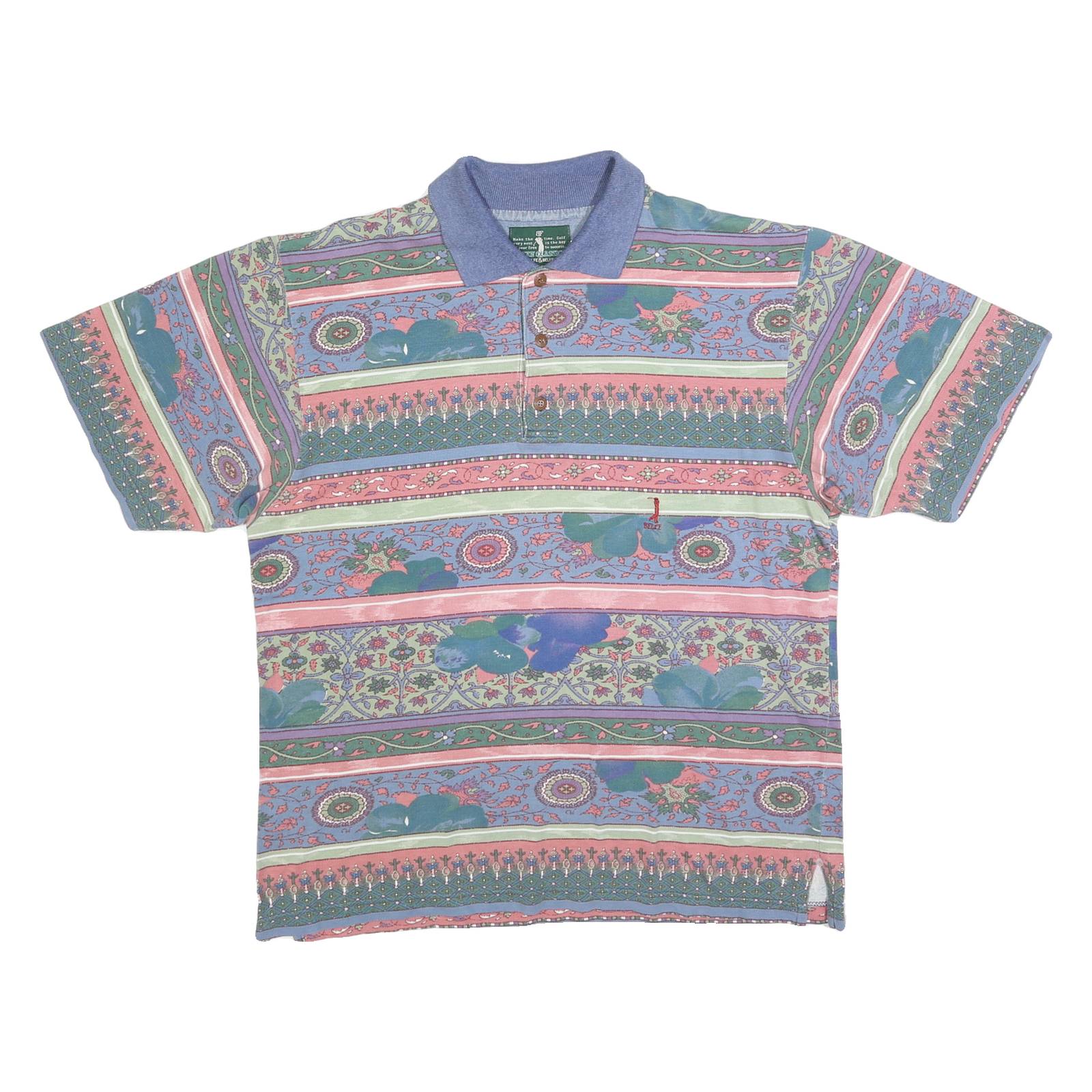 BELFE Mens Blue & Green Floral Short Sleeve Polo Shirt M Cotton Blend Jersey