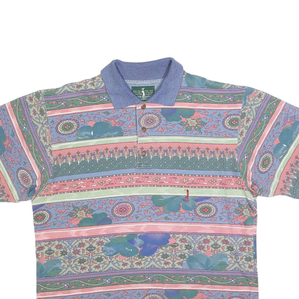 BELFE Mens Blue & Green Floral Short Sleeve Polo Shirt M Cotton Blend Jersey