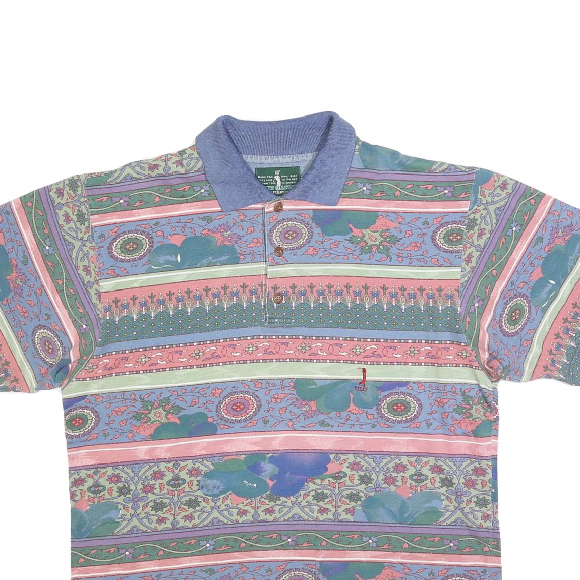 BELFE Mens Blue & Green Floral Short Sleeve Polo Shirt M Cotton Blend Jersey