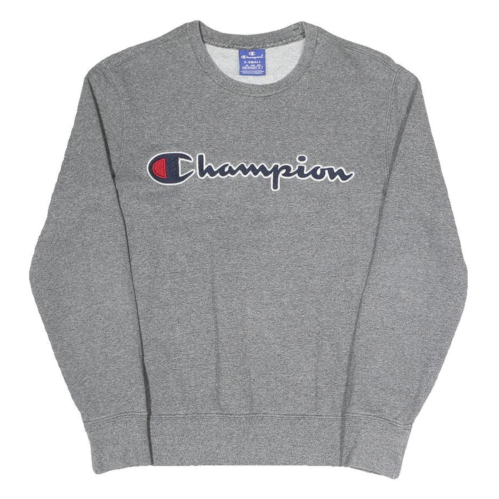 CHAMPION Womens Grey Cotton Blend Crew Neck Sweatshirt XS Classic Logo Pullover