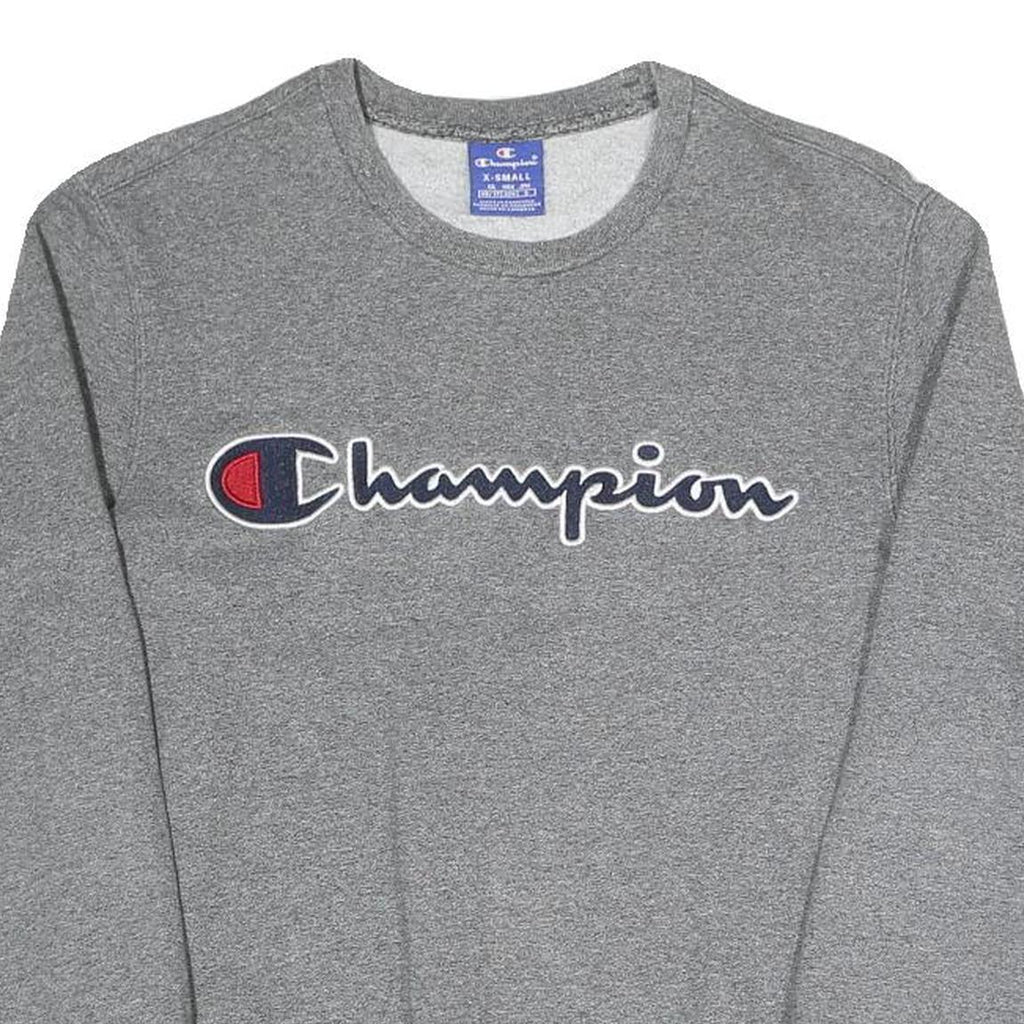 CHAMPION Womens Grey Cotton Blend Crew Neck Sweatshirt XS Classic Logo Pullover