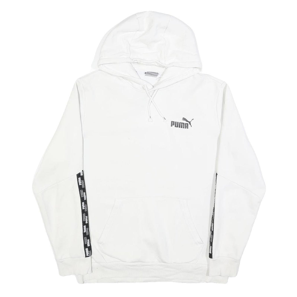 PUMA Mens White Hoodie M Cotton Blend Pullover Drawstring Logo Tape Detail
